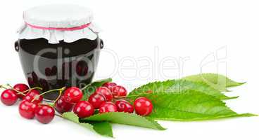 Cherries and jars of jam isolated on a white background. Free sp