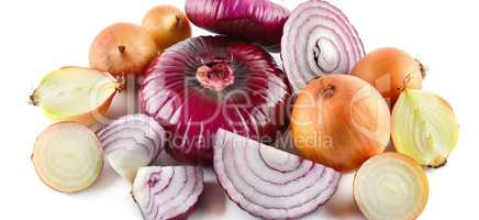 Red and gold onions isolated on white background. Collection. Wi