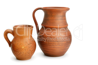 Set of old ceramic pot and mug isolated on white background.