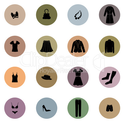 Cloths icon set. Fashion sign. Female wardrobe silhouette