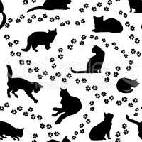 Cats seamless pattern. Kitten silhouette and animal tracks pattern