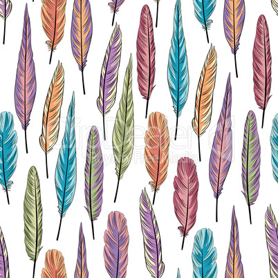 Feather seamless pattern. Birds feathers over white background