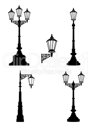 Street lamp set. Street lights. City retro streetlignt silhouette.
