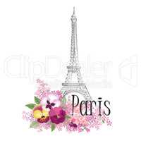 Paris floral sign. French landmark Eiffel tower. Travel France label