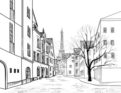 Paris street. Cityscape - houses, buildings and tree on alleyway