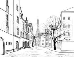 Paris street. Cityscape - houses, buildings and tree on alleyway