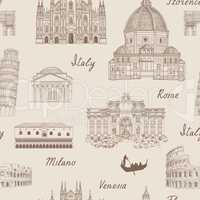Travel Europe background. Italy famous landmark seamless pattern