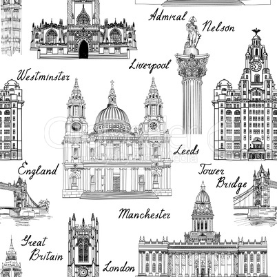 Travel Europe famous city landmark. UK seamless pattern