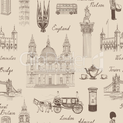 London landmark seamless pattern. Travel Europe draw background