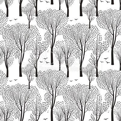 Nature seamless pattern. Forest background. Trees, birds wallpaper