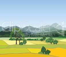 Rural landscape, mountains. Countryside view with forest, field, hills
