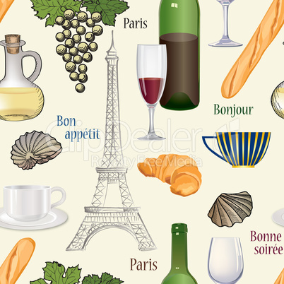 Travel Paris cuisine seamless pattern Famous french food wallpaper