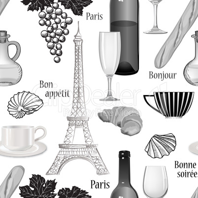 Travel Paris cuisine seamless pattern Famous french food wallpaper