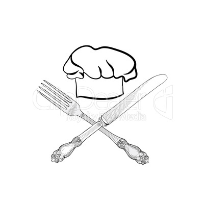 Cook hat with Fork, Knife. Catering outdoor label. Cutlery sign.
