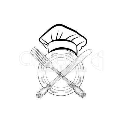 Cook hat, Plate, Fork, Knife. Catering outdoor label. Cutlery sign.