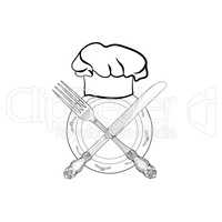 Cook hat, Plate, Fork, Knife. Catering outdoor label. Cutlery sign.