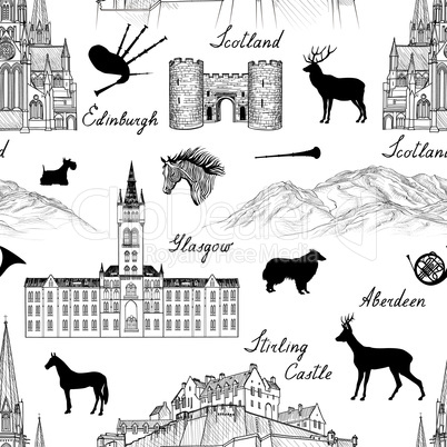 Travel seamless pattern. Scotland background. Famous landmarks.