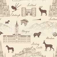 Travel seamless pattern. Scotland background. Famous landmarks.