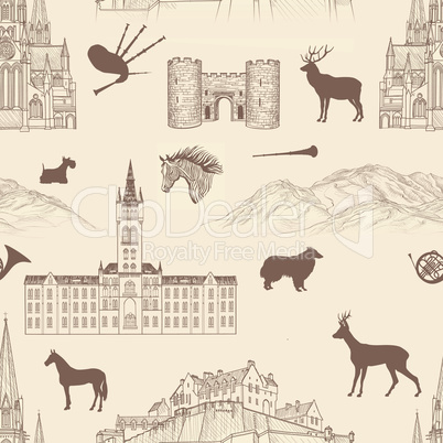 Travel seamless pattern. Scotland background. Famous landmarks.