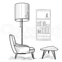 Living room. Reading interior furniture: armchair, table, book-shelf.