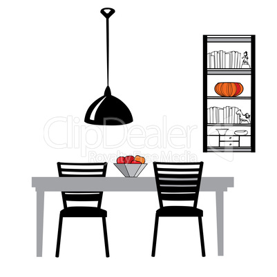Kitchen furniture set: table, chairs, lamp, cupboard. Dining room
