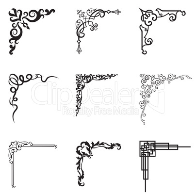 Ornamental floral and geometric corners in different style.