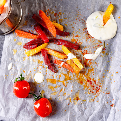 vegetable French fries with herb quark and tomatoes