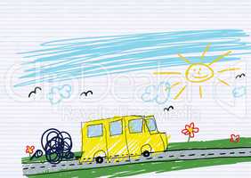 illustration of a school bus drawn in child style