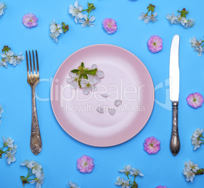 pink ceramic plate and a vintage knife with a fork