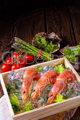 cooked argentine red prawns with salad on the ice