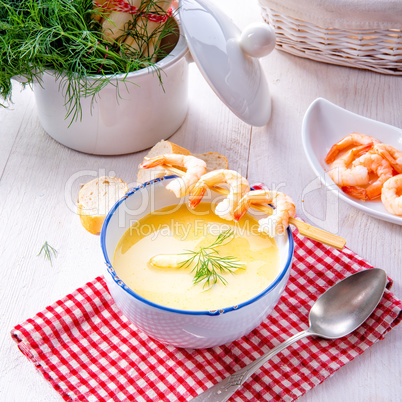 rustic asparagus soup with shrimp skew and diel