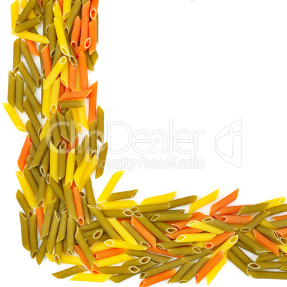 Dry macaroni isolated on white background. Square frame of pasta