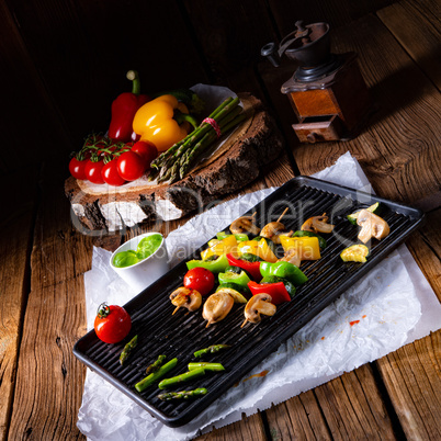 rustic vegetable shashlik with green asparagus and paprika
