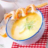 rustic asparagus soup with shrimp skew and diel