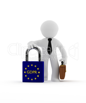 Small businessman character with EU Padlock