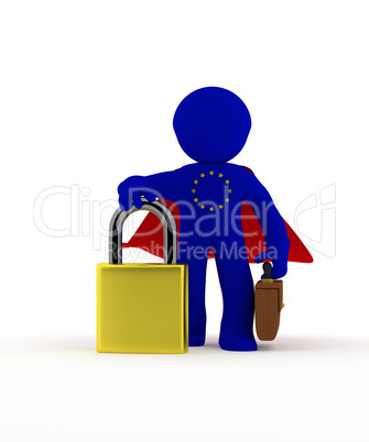 Small super hero businessman character with Padlock