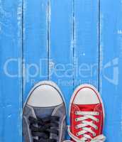 pair of textile worn gumshoes, red and blue sneakers