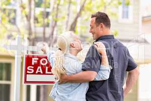 Caucasian Couple Facing and Pointing to Front of For Sale Real E