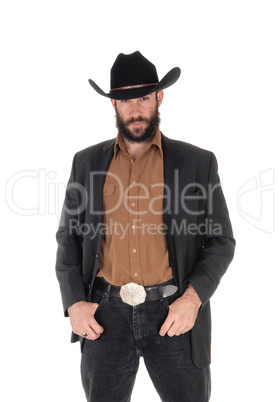 Man in gray jacket and cowboy hat, hand in pocket