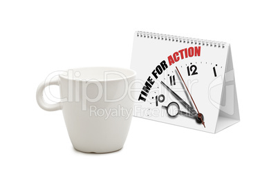 desk calendar with time for action clock and blank mug