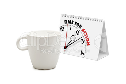 desk calendar with time for action clock and blank mug