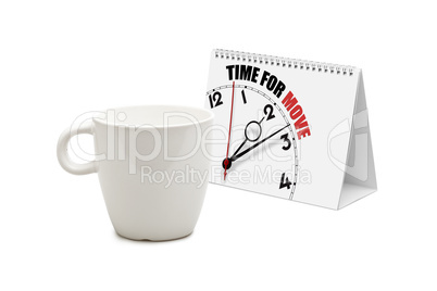 desk calendar with time for move clock and blank mug