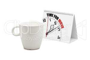 desk calendar with time for move clock and blank mug