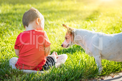 Cute Baby Boy Sitting In Grass Playing With Dog