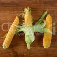 Three fresh corn cob on wooden table.