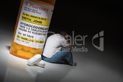 Man Holding Head Sitting Next To Hydrocodeon Pills and Bottle