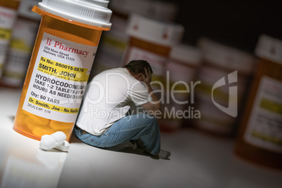 Man Holding Head Sitting Next To Hydrocodeon Pills and Bottle