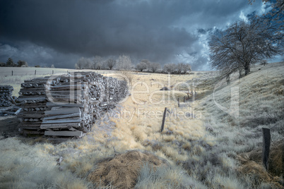 Scenic Infrared Landscape With A Woodpile On A Field