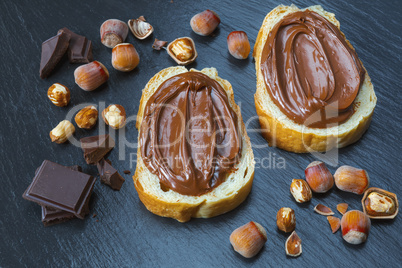 Two bread slices with chocolate hazelnut spread