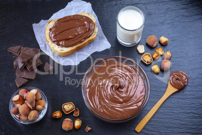 Breakfast with chocolate spread in glass bowl